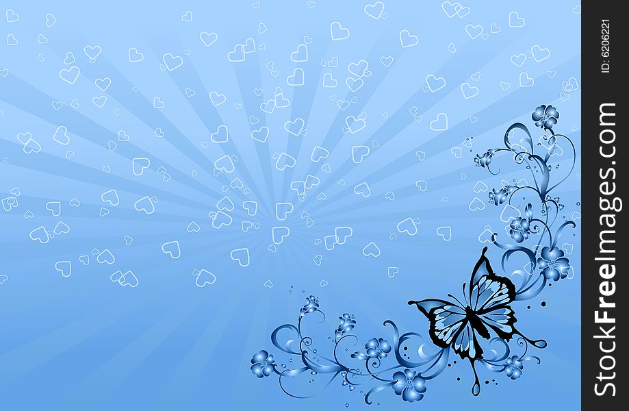 A floral design in a blue background with butterfly.