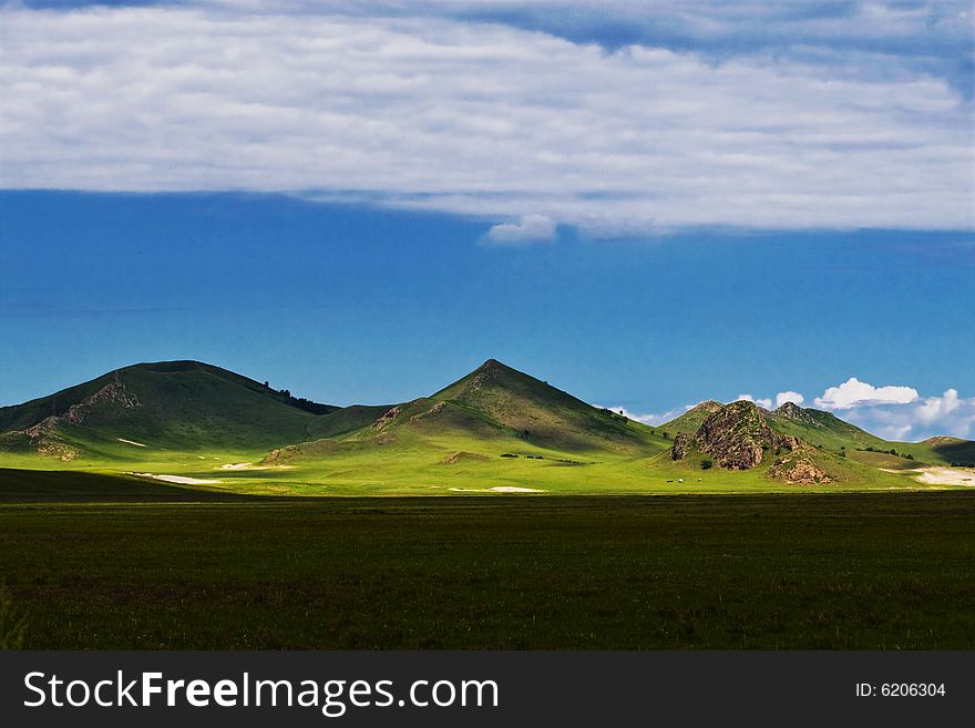 Meadow, the blue sky and white clouds. Meadow, the blue sky and white clouds