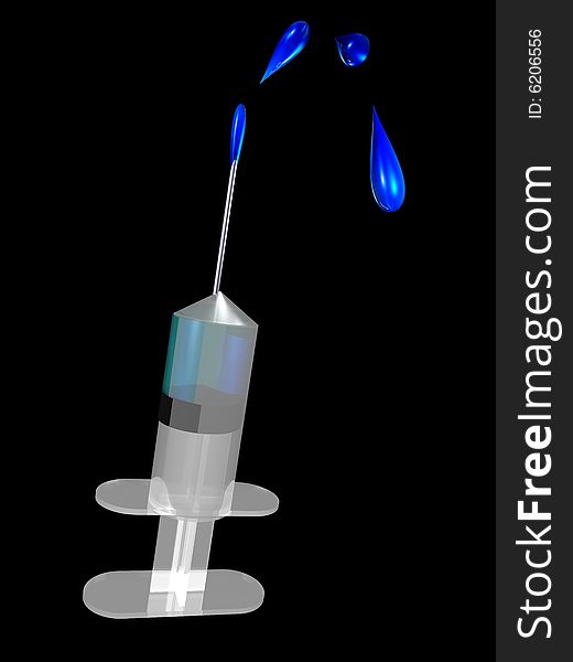 A syringe squirting a blue drug into the air while isolated on a black background. A syringe squirting a blue drug into the air while isolated on a black background.