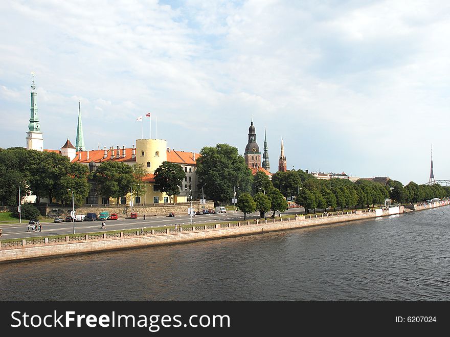 Panorama of Riga, kind on quay from outside the rivers