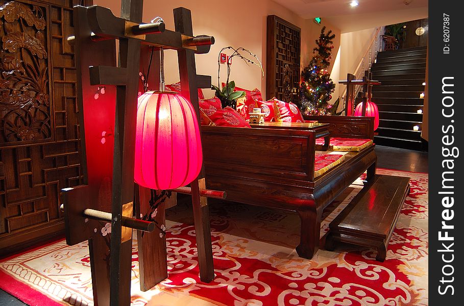 Put in Chinese furnitures of indoor.red lantern