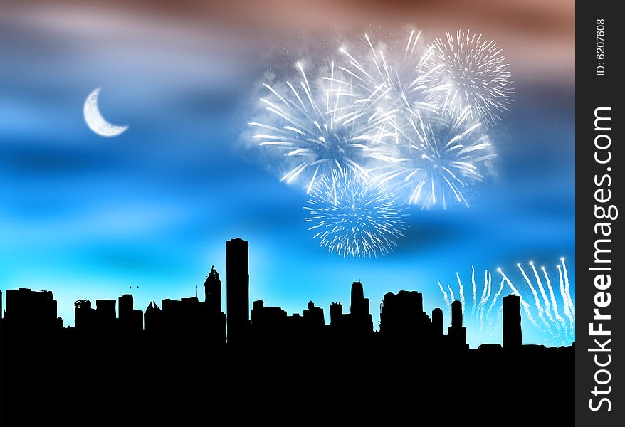 City skyline with fireworks in the cloudy sky. City skyline with fireworks in the cloudy sky