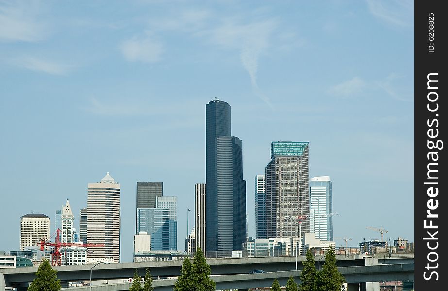 The downtown skyline of Seattle and blue sky. The downtown skyline of Seattle and blue sky