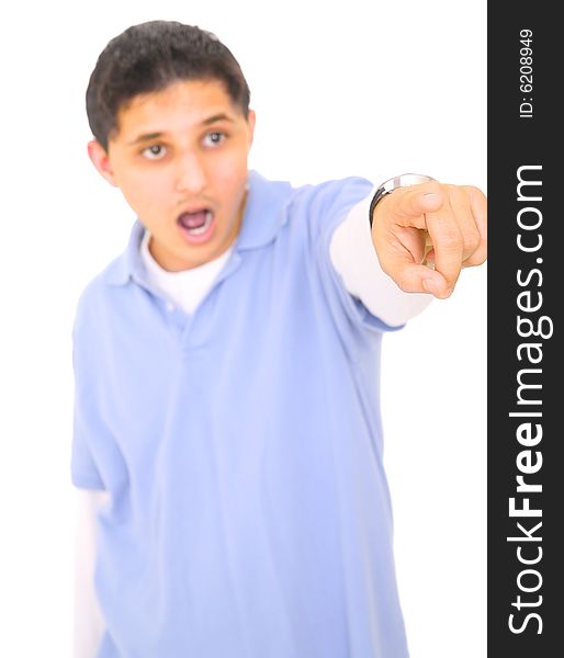 Teenager pointing finger with his mouth open. focus on his hand only. isolated on white background. Teenager pointing finger with his mouth open. focus on his hand only. isolated on white background