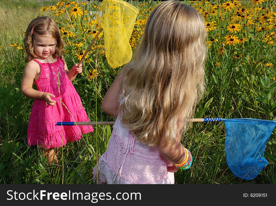 Two girls looking for butterflies with nets. Two girls looking for butterflies with nets.