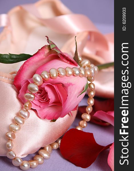 Satin Ballet shoe with a pink rose and pearls
