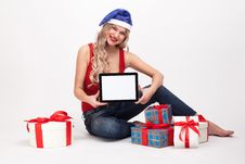 The Beautiful Blonde With Big Breasts Is Sitting On A White Back Royalty Free Stock Image The Beautiful Blonde With Big Breasts Is Sitting On A White Back Royalty Free Stock Image
