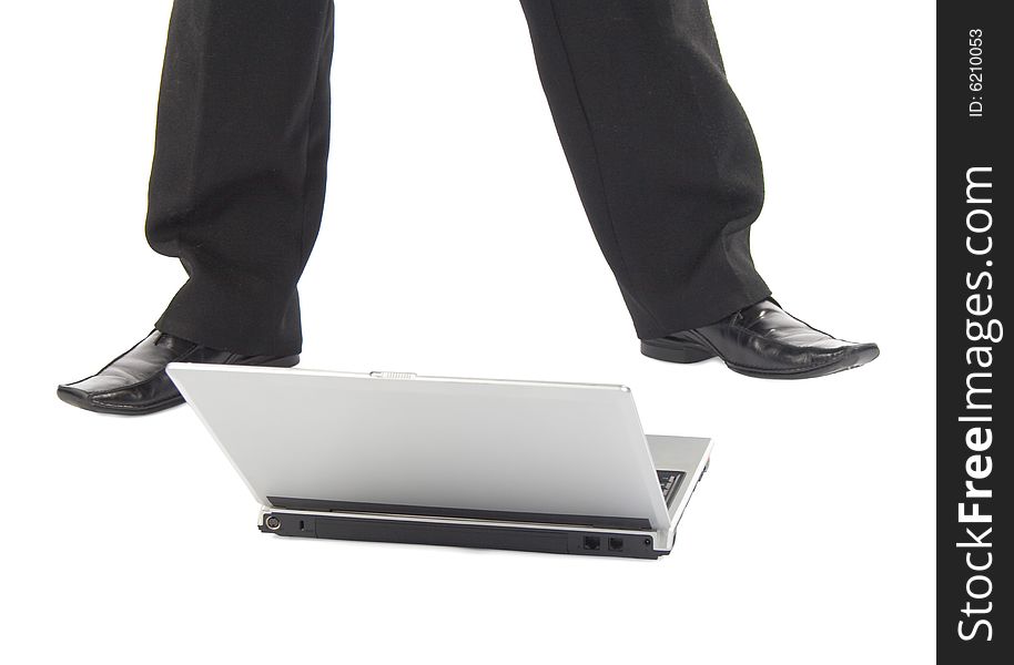 Laptop lying on floor and legs isolated. Laptop lying on floor and legs isolated