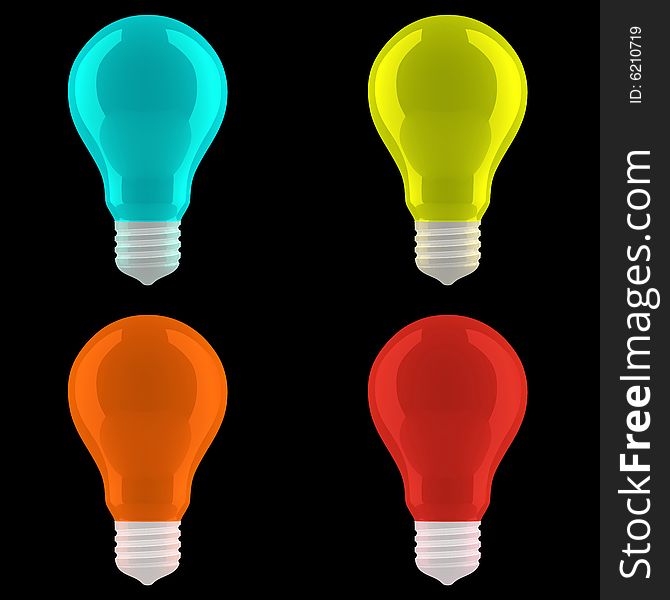 Four bright colored bulbs (light blue, yellow, orange, red) on a black background. Four bright colored bulbs (light blue, yellow, orange, red) on a black background