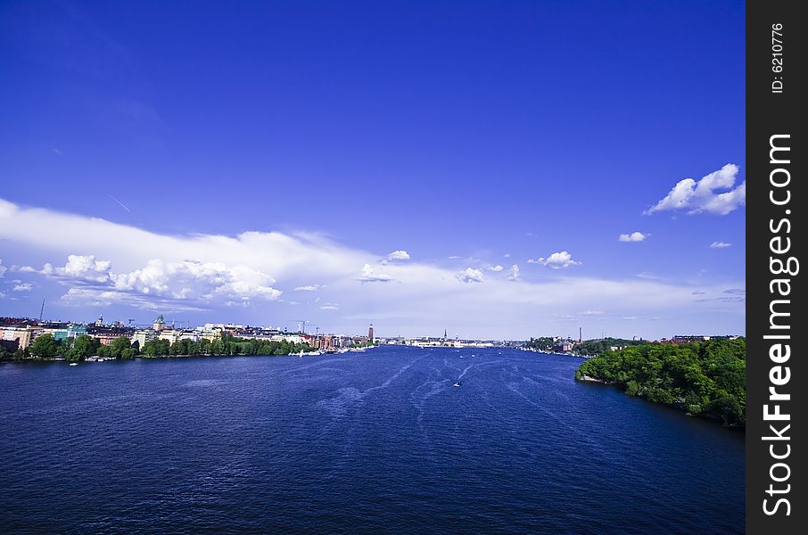 View over city and water during summer