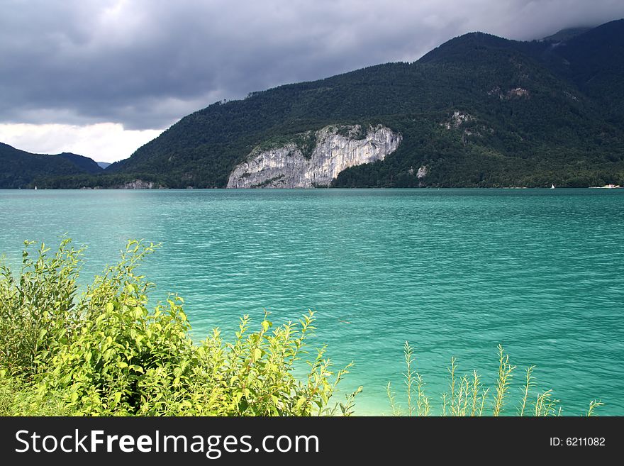Azur blue Wolfgang lake in Alps