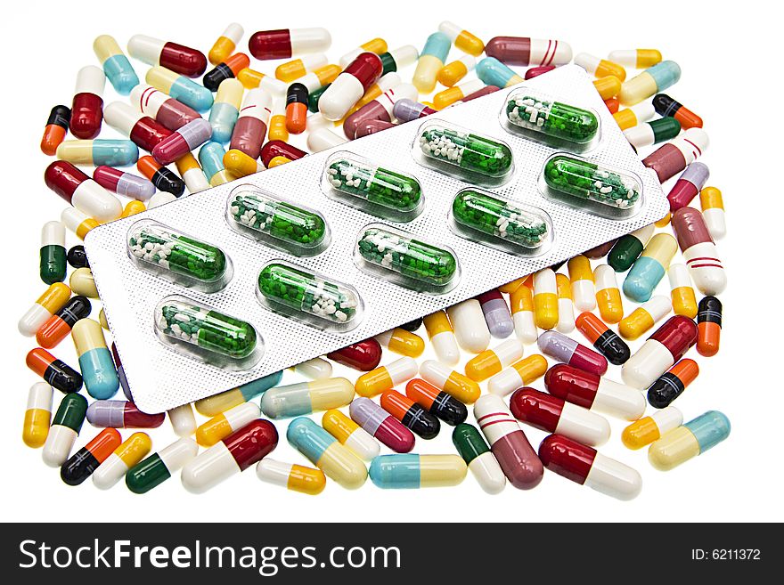 Pills tables capsules on a white background. Pills tables capsules on a white background