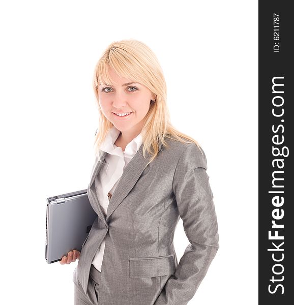 Smiling Businesswoman Holding Laptop