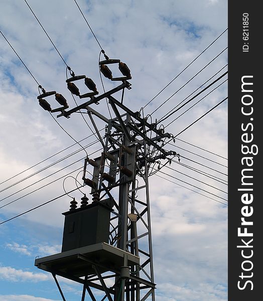 Detail of steel pole with transformer