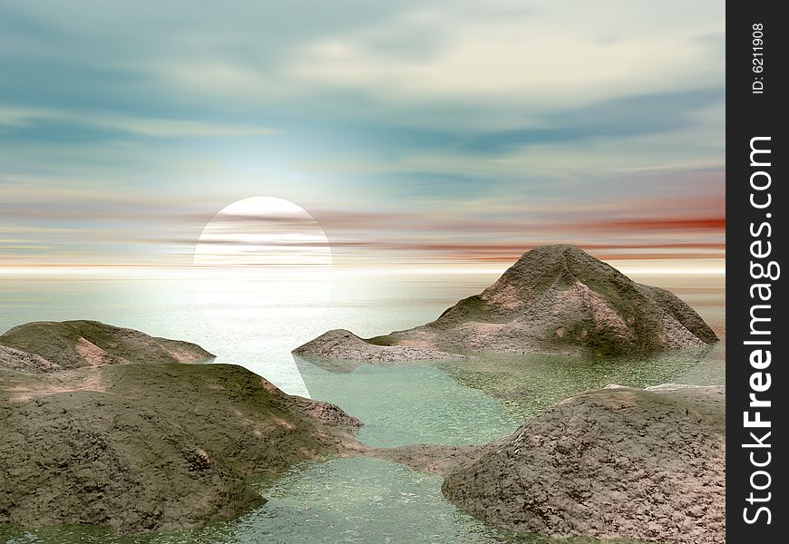 Beautiful sunrise on the shore - 3d landscape