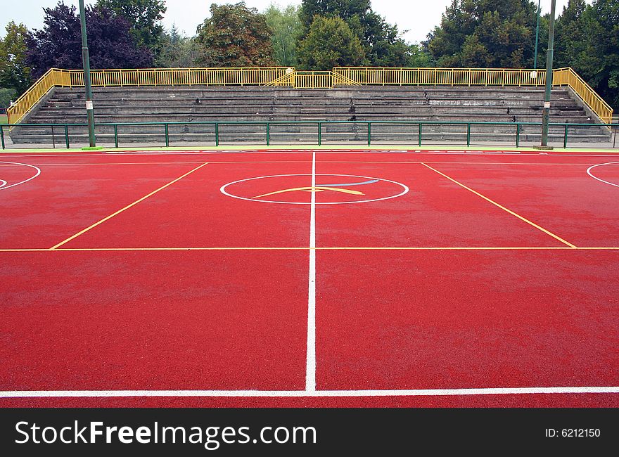 Center of basketball terrain and spectator area. Center of basketball terrain and spectator area.