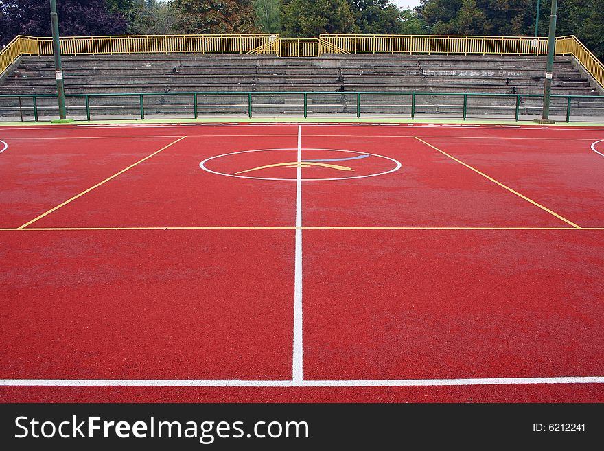 Center of basketball terrain and spectator area. Center of basketball terrain and spectator area.