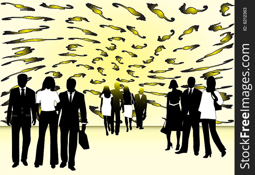 Illustration of business people, seahorse, yellow