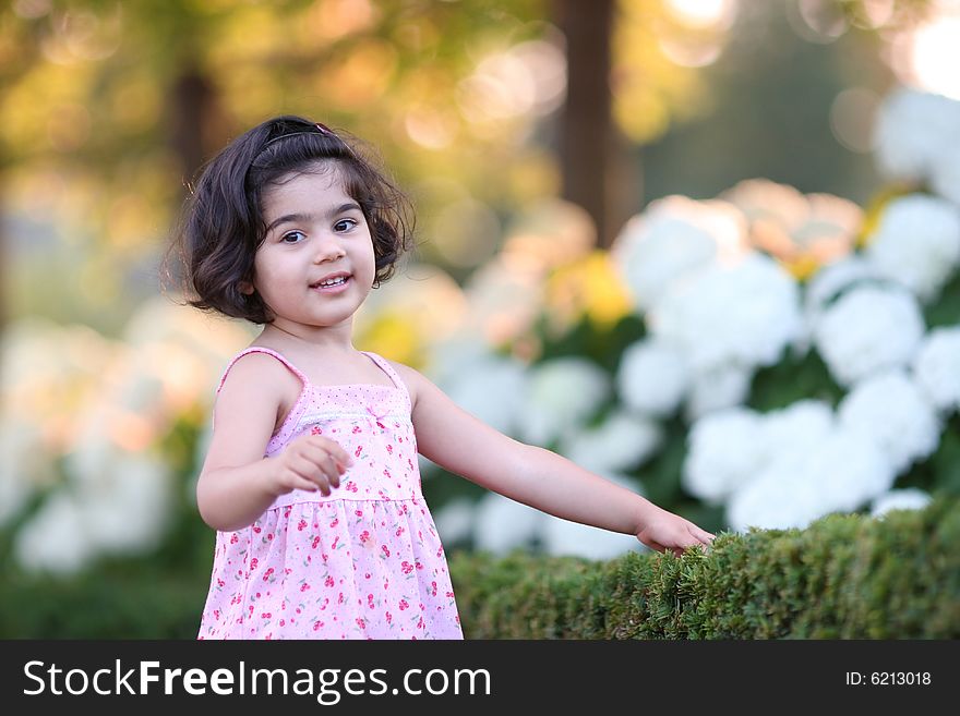 Cute girl in a flower garden with a beautiful golden bokeh in the background. Cute girl in a flower garden with a beautiful golden bokeh in the background