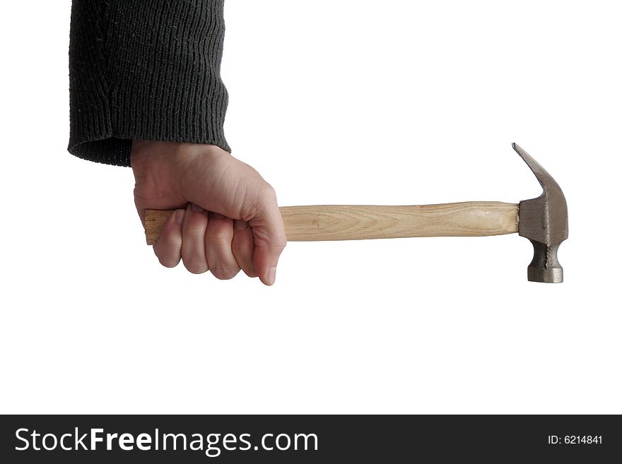 Hand Holding Hammer With Metal Head And Wooden Handle On White Background, Work Tool