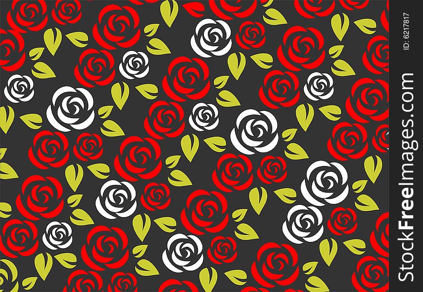 Stylized red and white roses pattern on a black background. Stylized red and white roses pattern on a black background.
