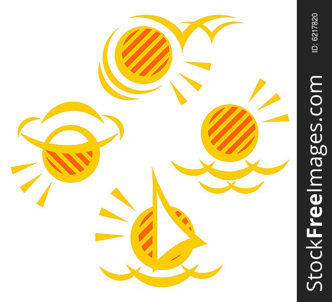 Four stylized sun symbols on a white background.