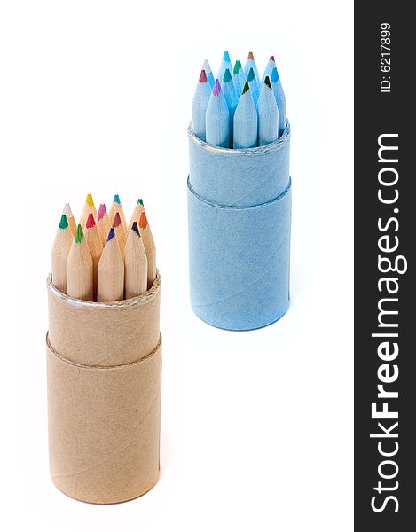 Rows of varicoloured wooden pencils