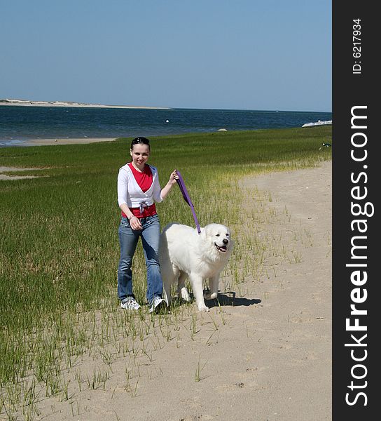 A girl and her pet dog walking at the beach. A girl and her pet dog walking at the beach.