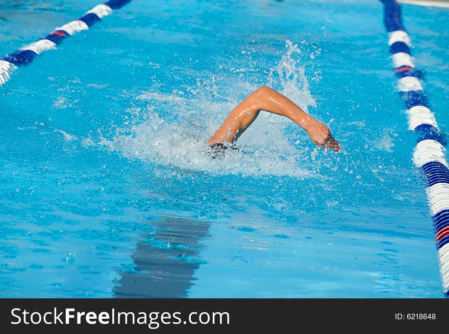 One Person Swimming Freestyle in a Lap Pool. One Person Swimming Freestyle in a Lap Pool