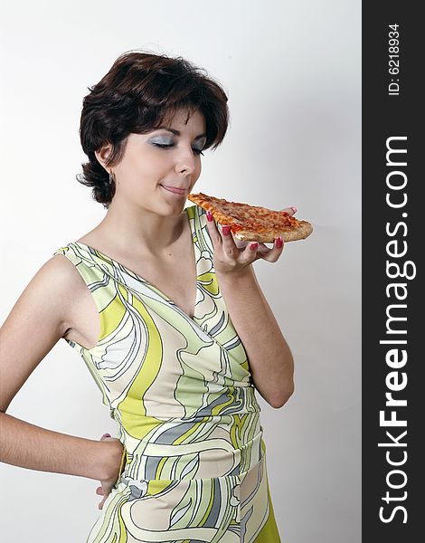 Sweet Girl Eating Pizza Slice