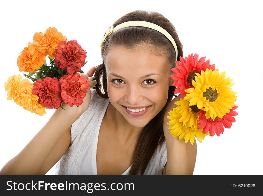 Young attractive woman with red flower smiling. Young attractive woman with red flower smiling