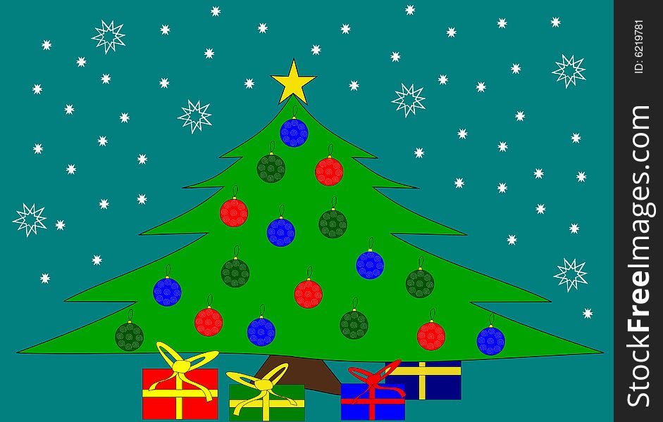 Christmas tree and gifts over green background. Christmas tree and gifts over green background