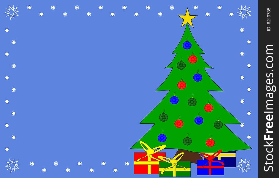 Christmas tree and gifts in frame over blue background. Christmas tree and gifts in frame over blue background