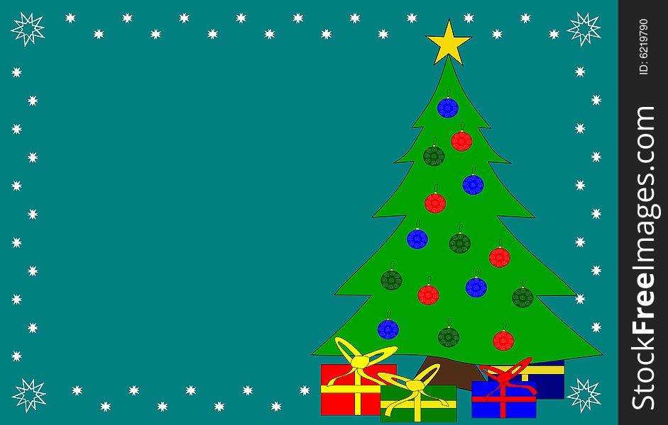 Christmas tree and gifts in frame over green background. Christmas tree and gifts in frame over green background