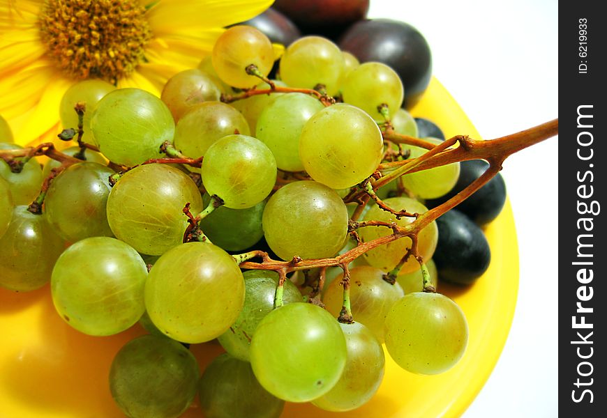 Green grapes and plumps on plate
