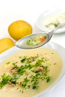 Potato Cream Soup With Chopped Meat Balls Royalty Free Stock Photo
