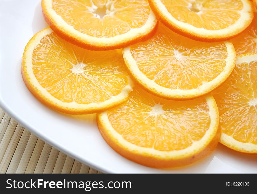 Some pieces of fresh oranges on a plate