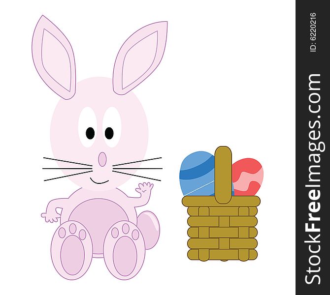 Cartoon illustration of a cute pink easter bunny sitting sitting besides its basket filled with eggs