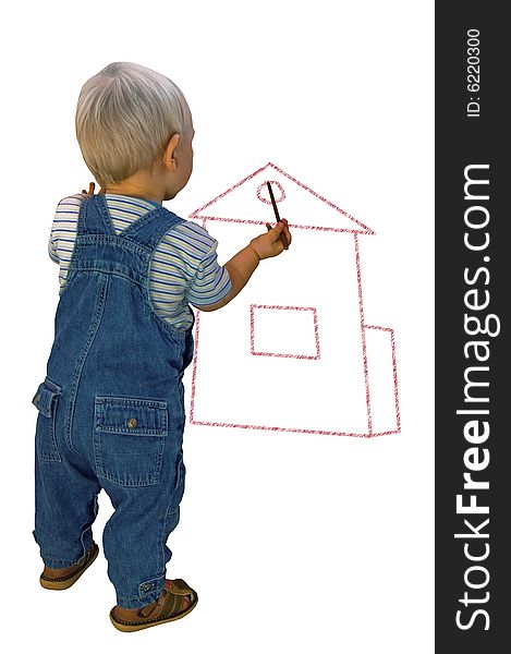 The little boy draws the house a pencil