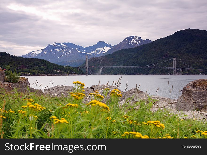 Norway landscape, fjord and mountains in the background