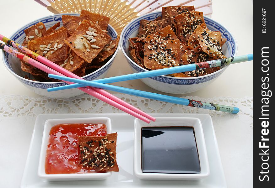 Some chinese wan tan cockies with sesame seeds