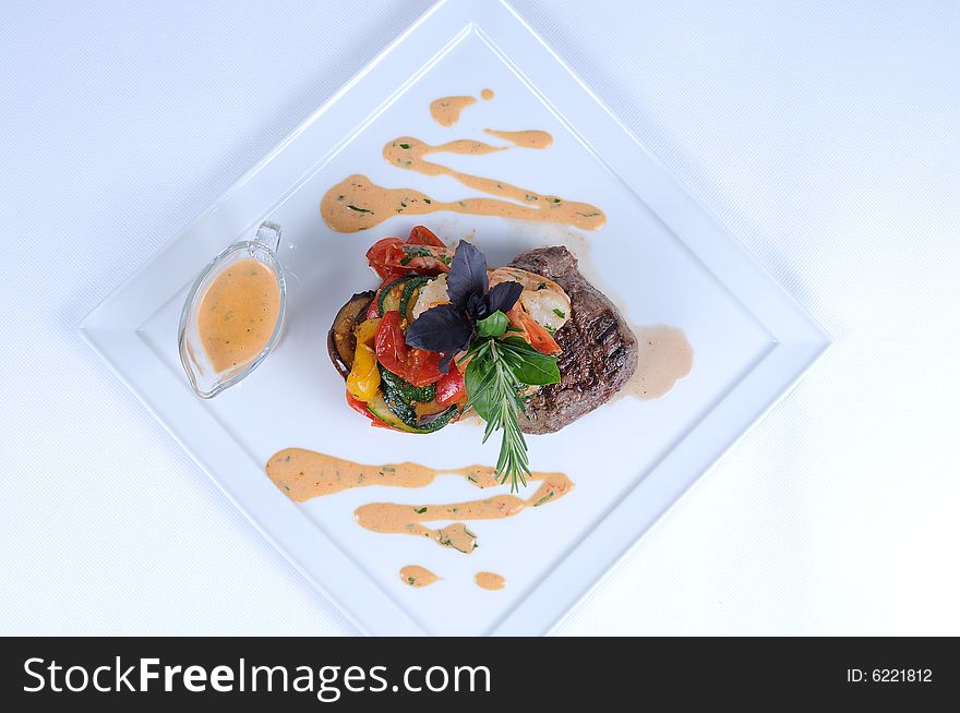 Plate of fine dining meal - steak and shrimps [3]