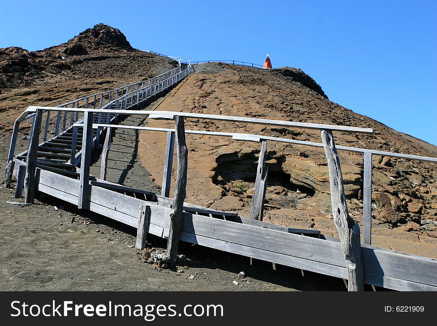 Stairs lead to a vista on top of the Galapagos Islands. Stairs lead to a vista on top of the Galapagos Islands