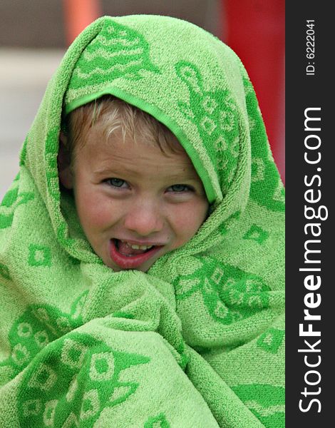 Boy Wrapped In Green Swimming Towel