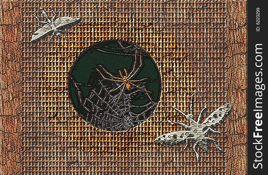 Great creative rich textured abstract color image hunter spider and dead insects near the victim. Great creative rich textured abstract color image hunter spider and dead insects near the victim.