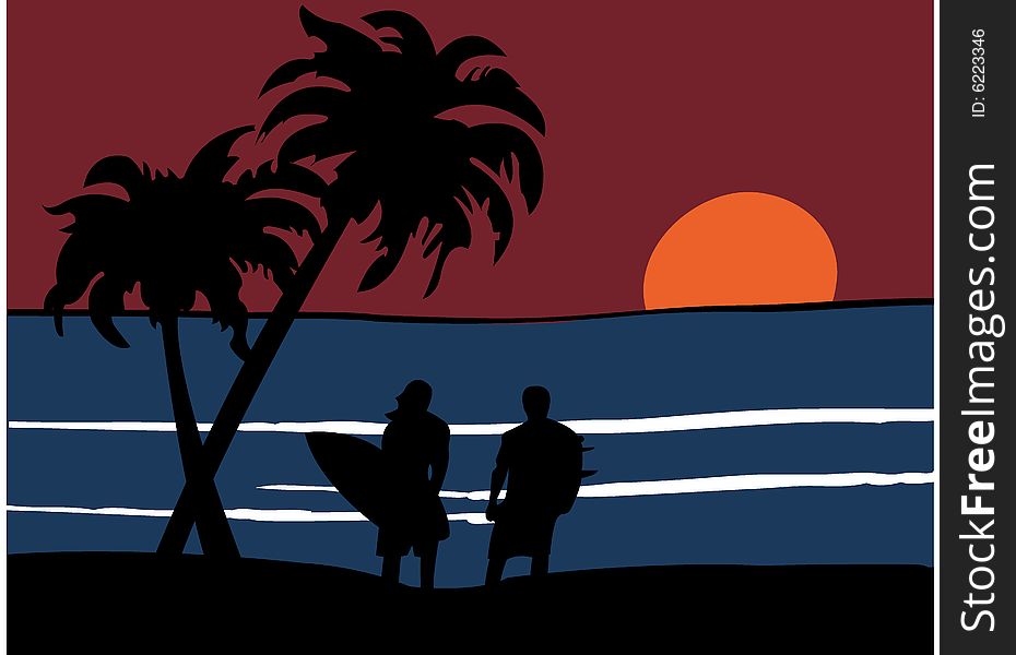 Sunset on the sea with surfers
