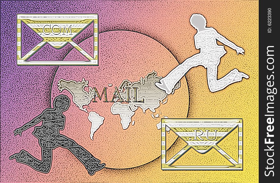 Great creative abstract colored bright rich textured picture of couriers on a background map the Earth and two envelopes, with inscriptions. com and. ru. Great creative abstract colored bright rich textured picture of couriers on a background map the Earth and two envelopes, with inscriptions. com and. ru