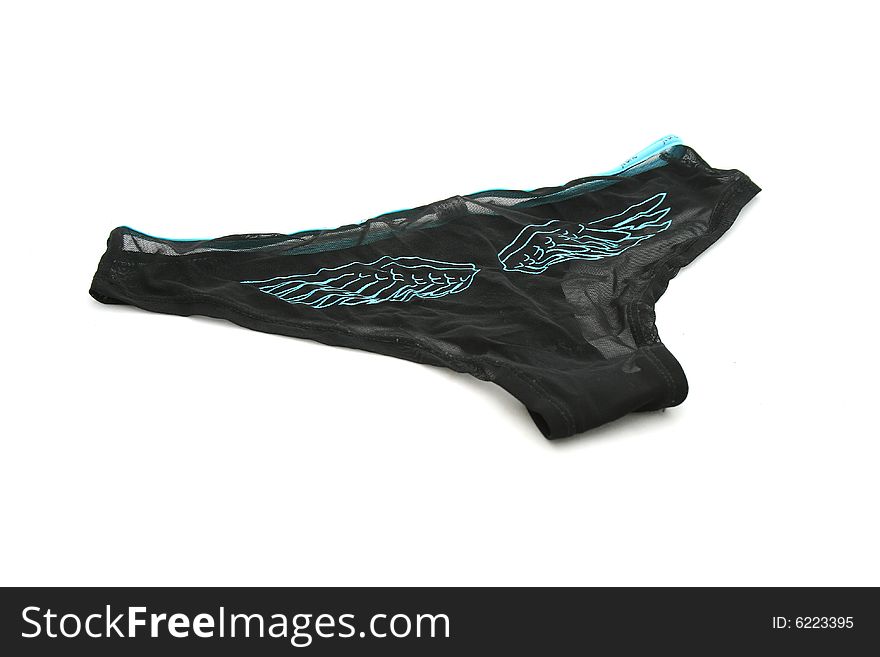 An isolated image of ladies black underwear with blue angel wings