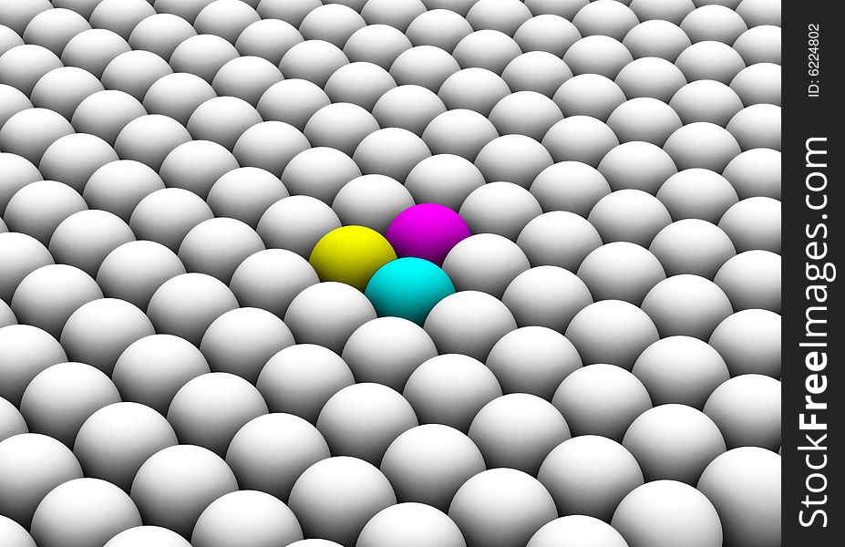 Three colored spheres among the white ones. Three colored spheres among the white ones