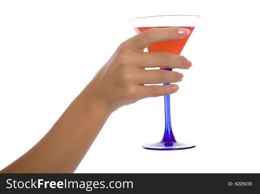 Woman hand hold wineglass with sweet cocktail